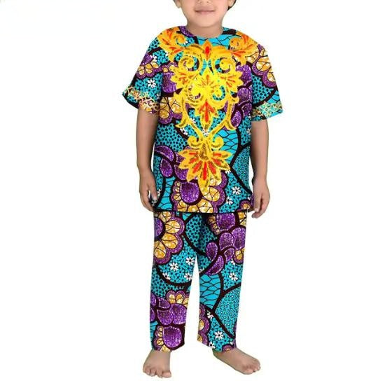 Boys Outfits Dashiki Cotton Ankara Print Top Shirt and Pants Sets