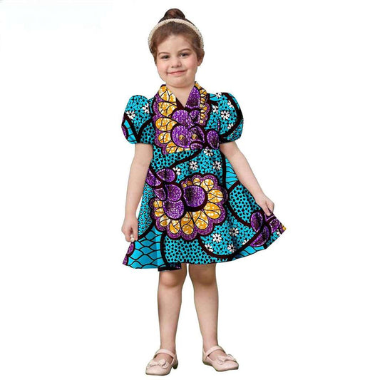 African Girls Puff Sleeve Print Princess Dresses Ankara Outfits