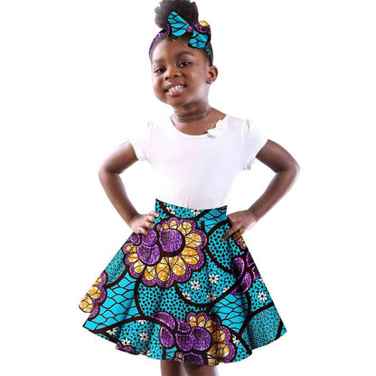 Girls White Top Tee and Print Skirts Sets Matching Bow tie Head wrap