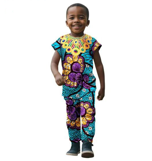 African Clothes for Kids Print Top Tee and Pant Sets KID005