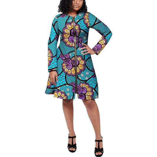 Women African Dresses Full Sleeve Zip Front Print Ankara Attire