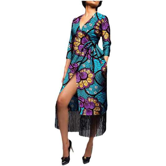 Women African Clothes Party Dress with Tassel Ankara Print