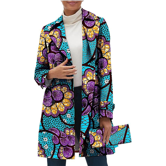 African Women Casual Coat Ankara Print Open Front Long Blazer Jacket