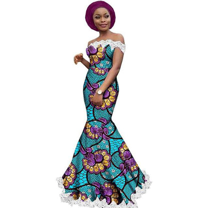 Women Ankara Strapless Lace Party Dress with Head Wrap