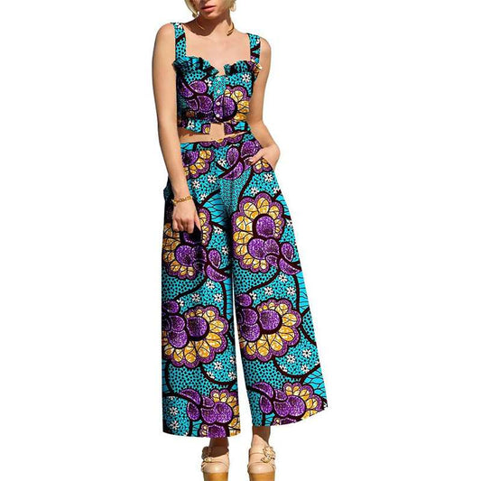 Women African Clothes Sleeveless Halter Crop Top and Pants Tracksuit