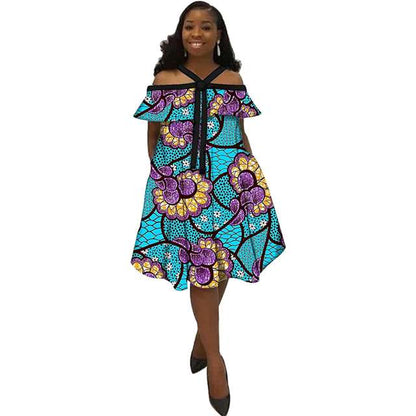 African Dress Ankara Print Ethnic Halter Dresses with Bow Tie