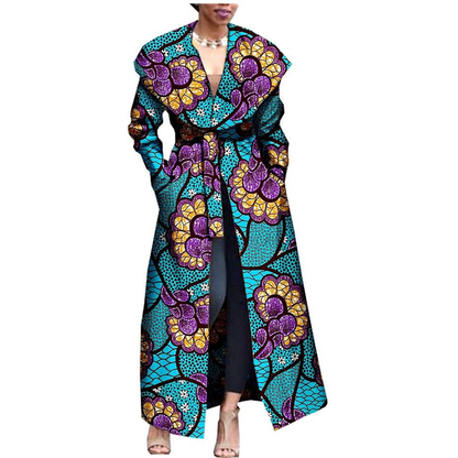 African Print Coat Ankara Long Sleeve Jacket Maxi Coat with Belt