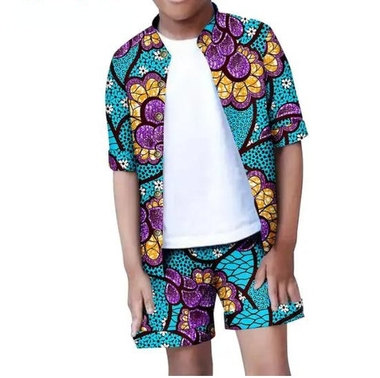 Summer Dashiki Print Top Shirt Jackets and Short Pant Sets