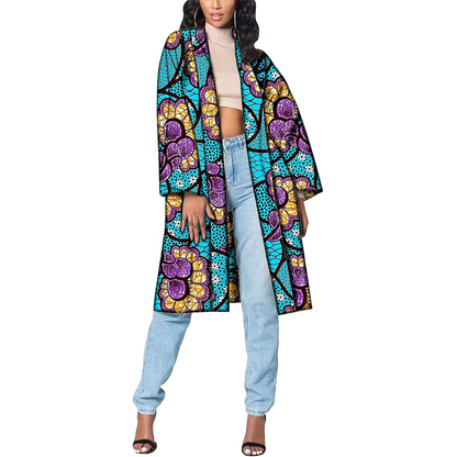 Women African Coat Open Front Long Blouse Ankara Print Jacket CJ005