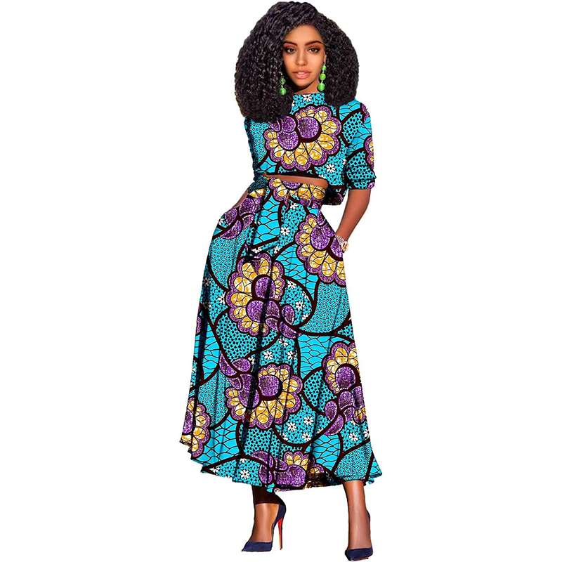 Women African Clothes Print Crop Top and Long Skirts Attire FMS008