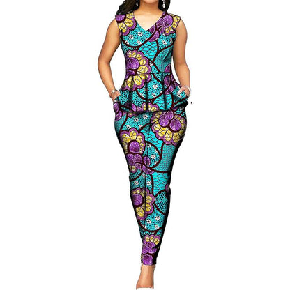 African Clothes Print Sleeveless Tops Blouse and Ankara Pants