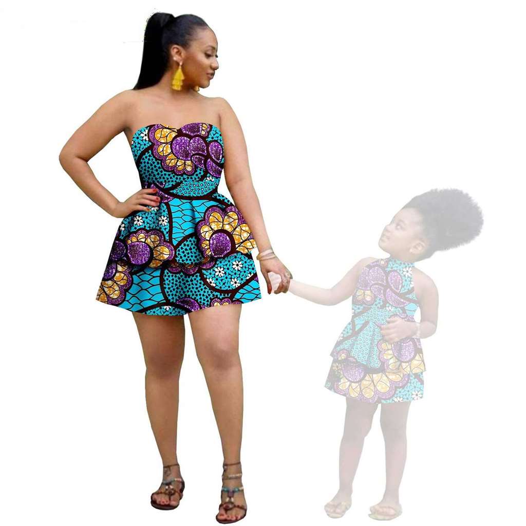 Women and Girls African Dresses Summer Cotton Ankara Outfits FM004