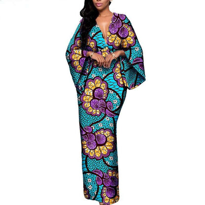 African Couple Print Deep V neck Long Women Dresses Men Sets CC002-1