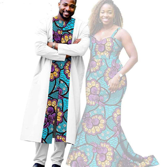 African Print Long Mermaid Dresses Match Men Outfits Sets