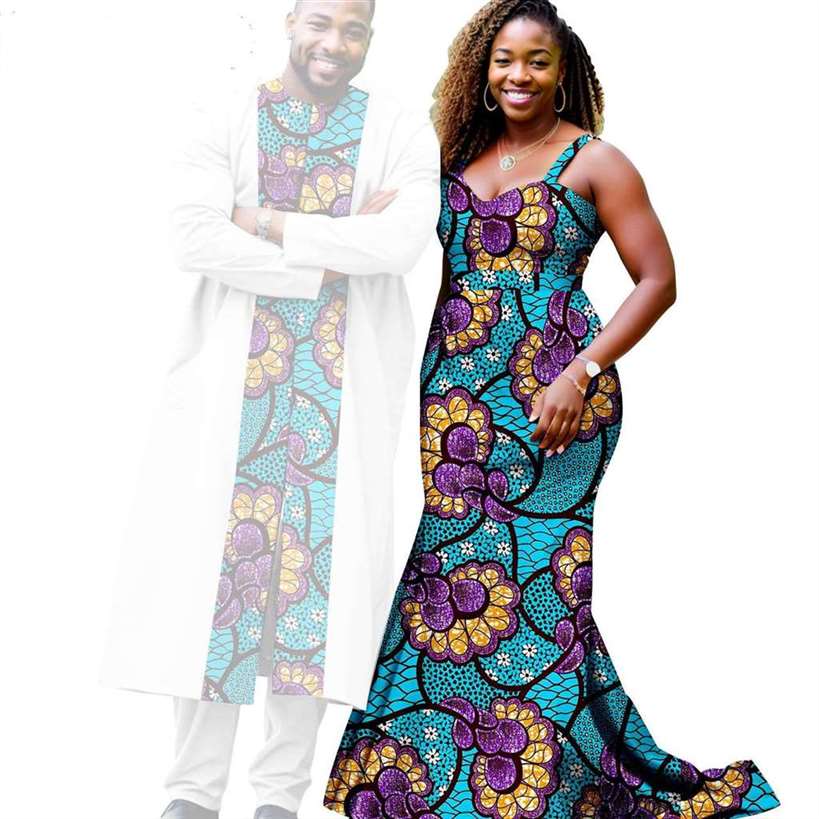 African Print Long Mermaid Dresses Match Men Outfits Sets