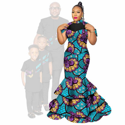 African Family Clothes Women Mermaid Dresses Men and Kids Sets