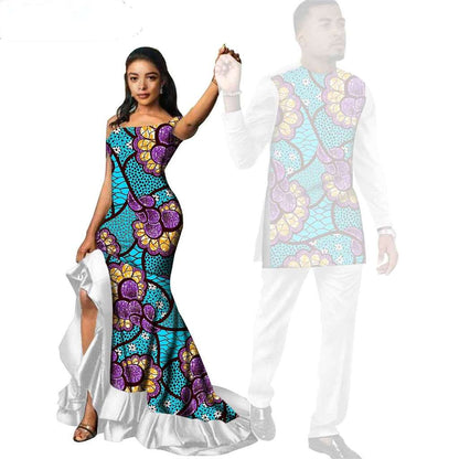 African Print Long Dresses for Women Match Men Sets