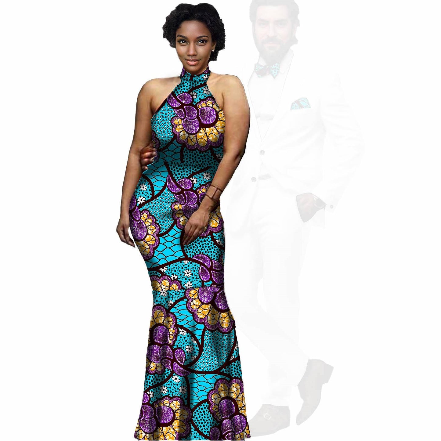 African Print Long Dresses Match Men Jackets and Pants Sets