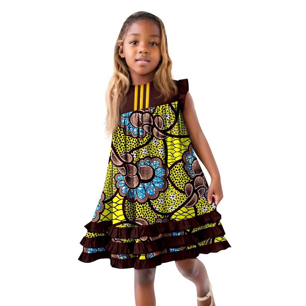 African Clothes Ankara Print A-line Dresses Sleeveless Ruffles Dress