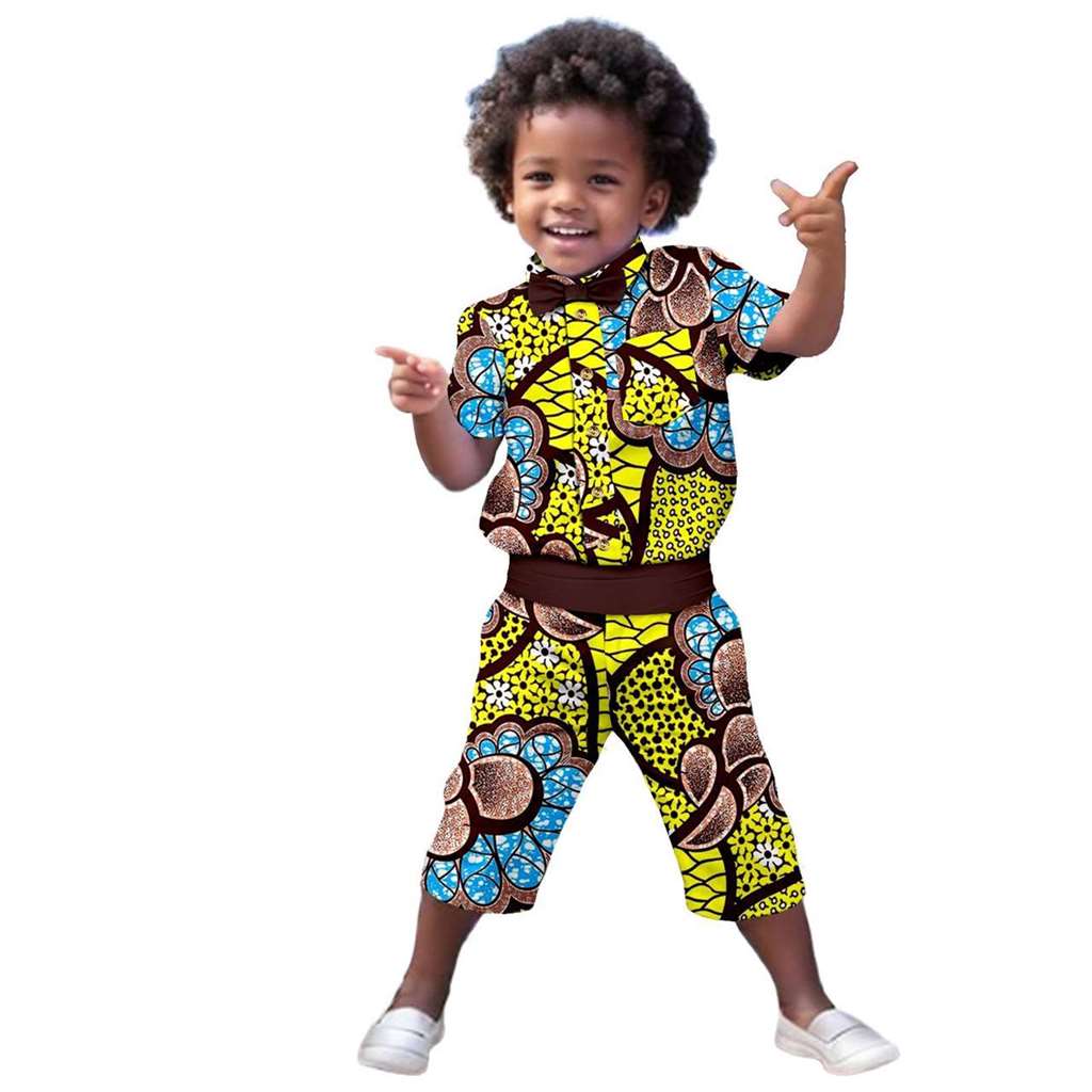 Boys Print Bow tie Top Shirt and Pant Sets Ankara Outerwear