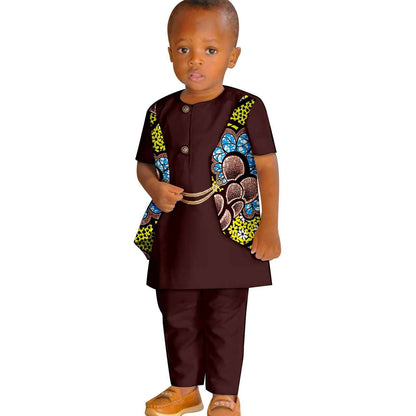 Boy Summer Print False Two-piece Suit Top and Pant Sets KID077