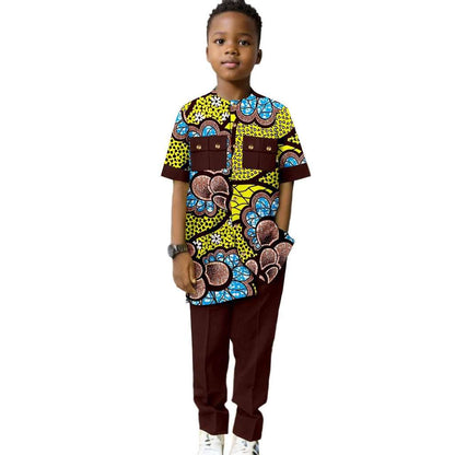 Dashiki Boys Outfits Casual Print Button Top Shirt and Pant Sets