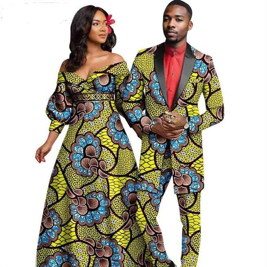 African Women Print Long Dresses Match Men Suit Sets