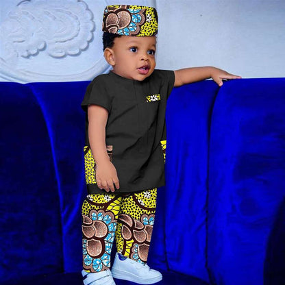 Boy Outfit Print Short Sleeve Top and Pant Hat 3 Pieces Muslim Sets