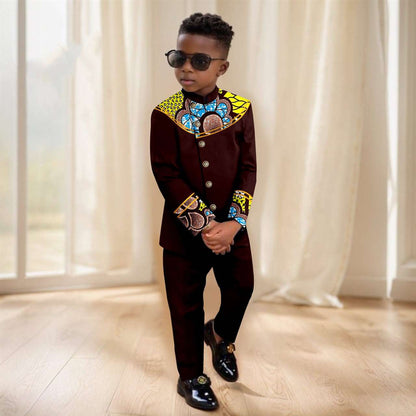 Boy Suits Dashiki Stand Jacket Button Bright Silk Top and Pant Sets