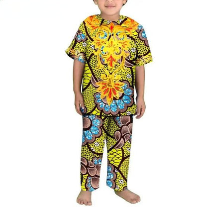 Boys Outfits Dashiki Cotton Ankara Print Top Shirt and Pants Sets