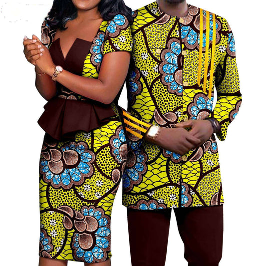 Couple Clothes African Print Hip Women Dresses Men Sets CC032-1