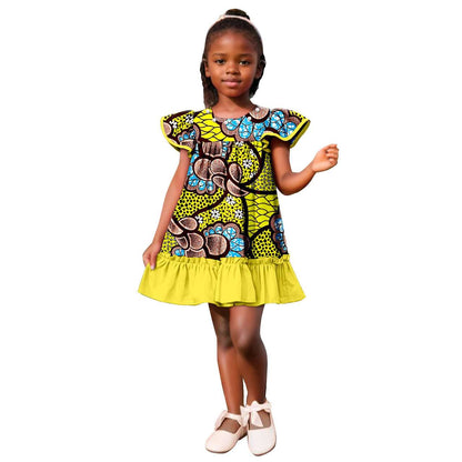 Girls Ankara Print A-line Dresses Ruffle Puff Sleeve Dress KID078