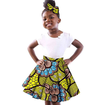 Girls White Top Tee and Print Skirts Sets Matching Bow tie Head wrap