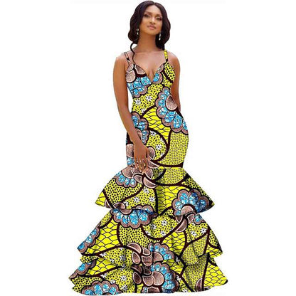 African Dresses Print Sexy V-Neck Long Maxi Dress Party Wedding