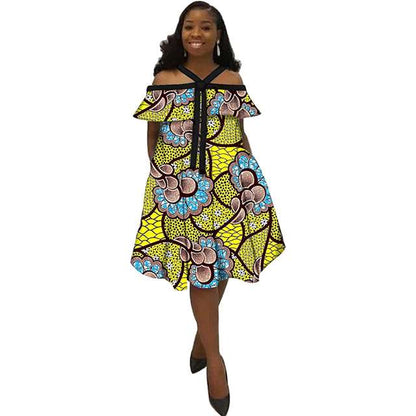 African Dress Ankara Print Ethnic Halter Dresses with Bow Tie