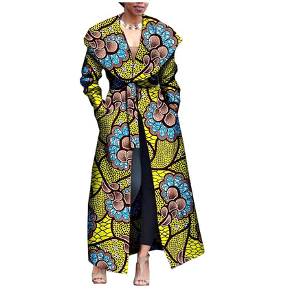 African Print Coat Ankara Long Sleeve Jacket Maxi Coat with Belt