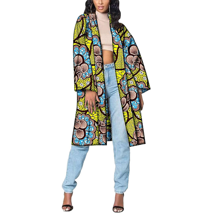 Women African Coat Open Front Long Blouse Ankara Print Jacket CJ005