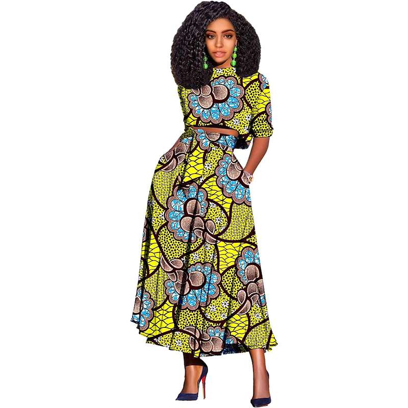 Women African Clothes Print Crop Top and Long Skirts Attire FMS008