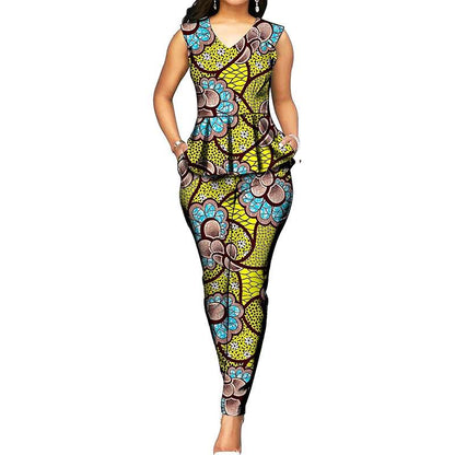 African Clothes Print Sleeveless Tops Blouse and Ankara Pants