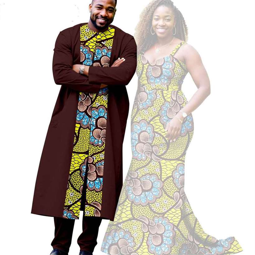 African Print Long Mermaid Dresses Match Men Outfits Sets