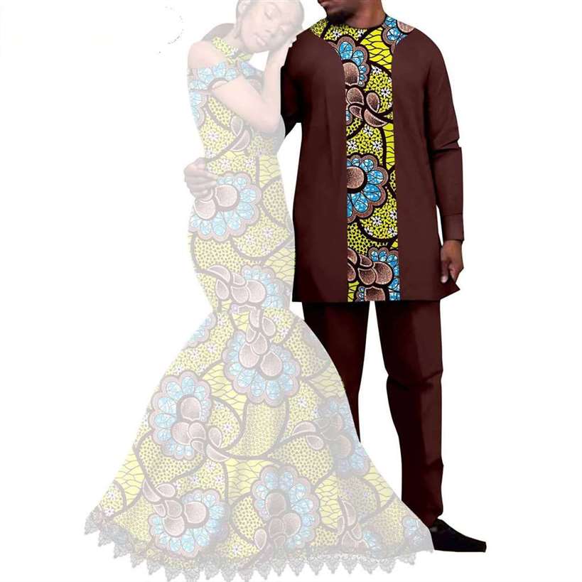 Ankara Print Lace Long Mermaid Dresses Match Men Outfits