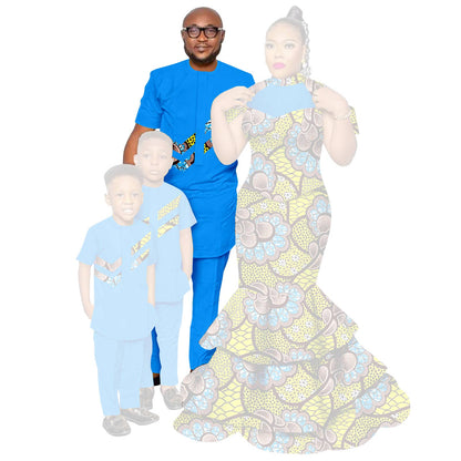 African Family Clothes Women Mermaid Dresses Men and Kids Sets