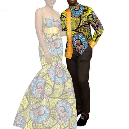 African Mermaid Print Dresses Match Men suits Sets