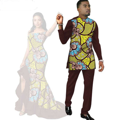 African Print Long Dresses for Women Match Men Sets