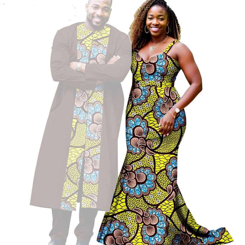 African Print Long Mermaid Dresses Match Men Outfits Sets