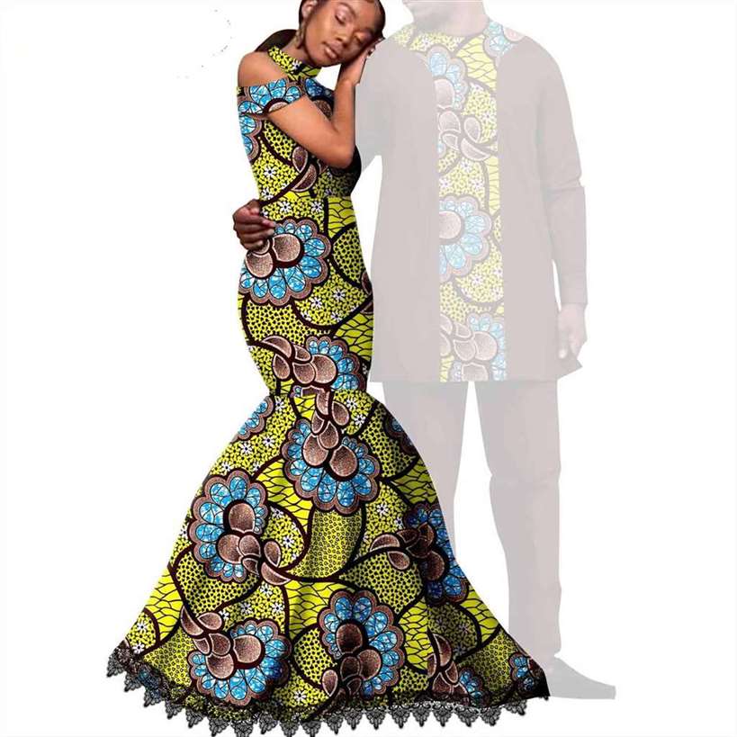 Ankara Print Lace Long Mermaid Dresses Match Men Outfits