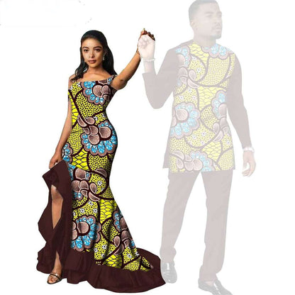 African Print Long Dresses for Women Match Men Sets