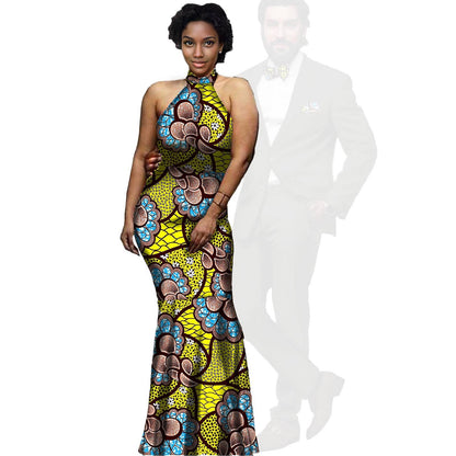 African Print Long Dresses Match Men Jackets and Pants Sets