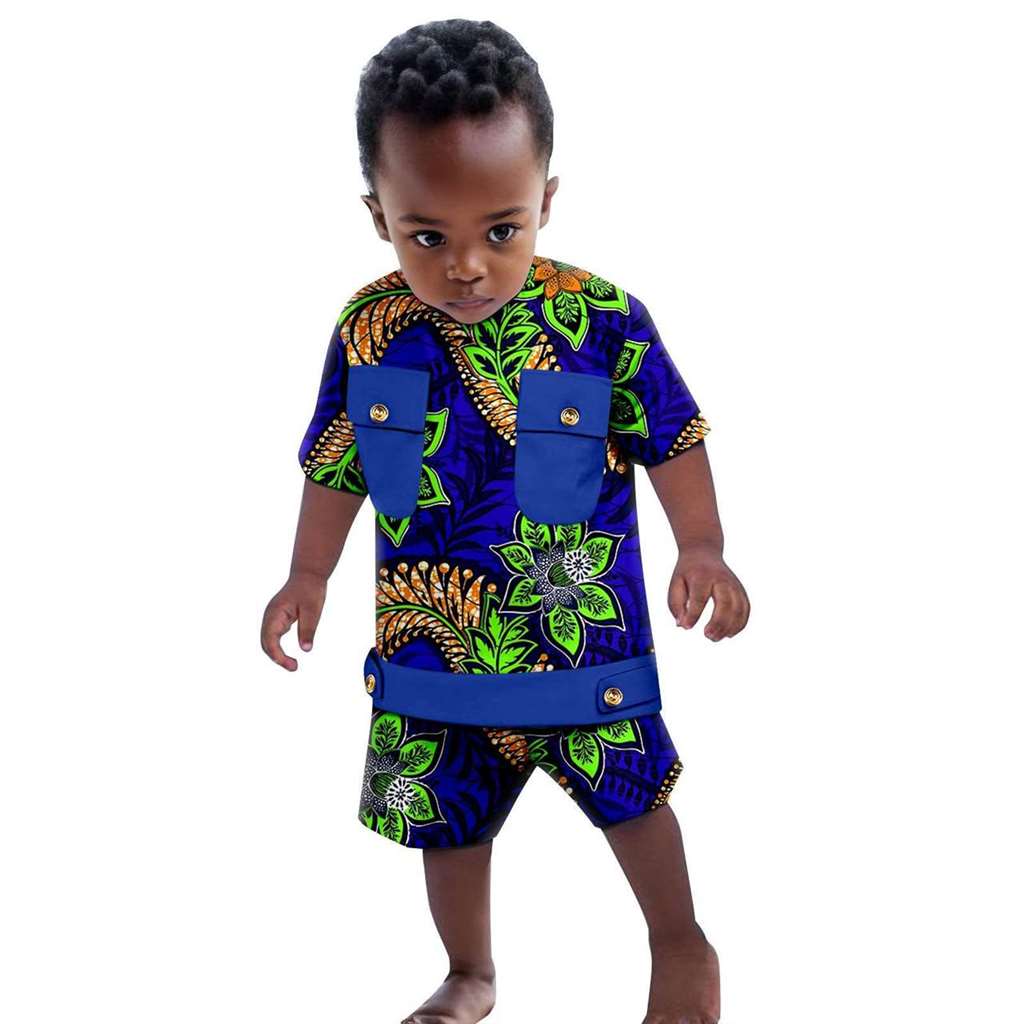 Boys Outfits Dashiki Summer Cotton Print Top and Pant Sets