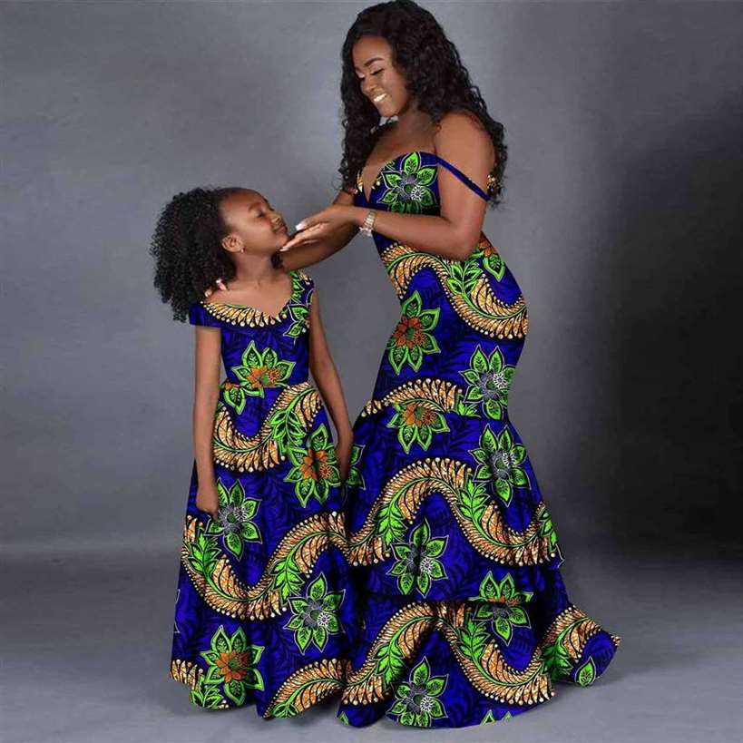 Women and Girls African Dresses Print Long Family Clothes FM005